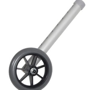 A close-up of a single gray and black plastic wheel attached to a metal pole, likely part of an adjustable walker leg. The wheel is designed with a thick rubber edge and multiple spokes, and the pole has several holes for height adjustment.
