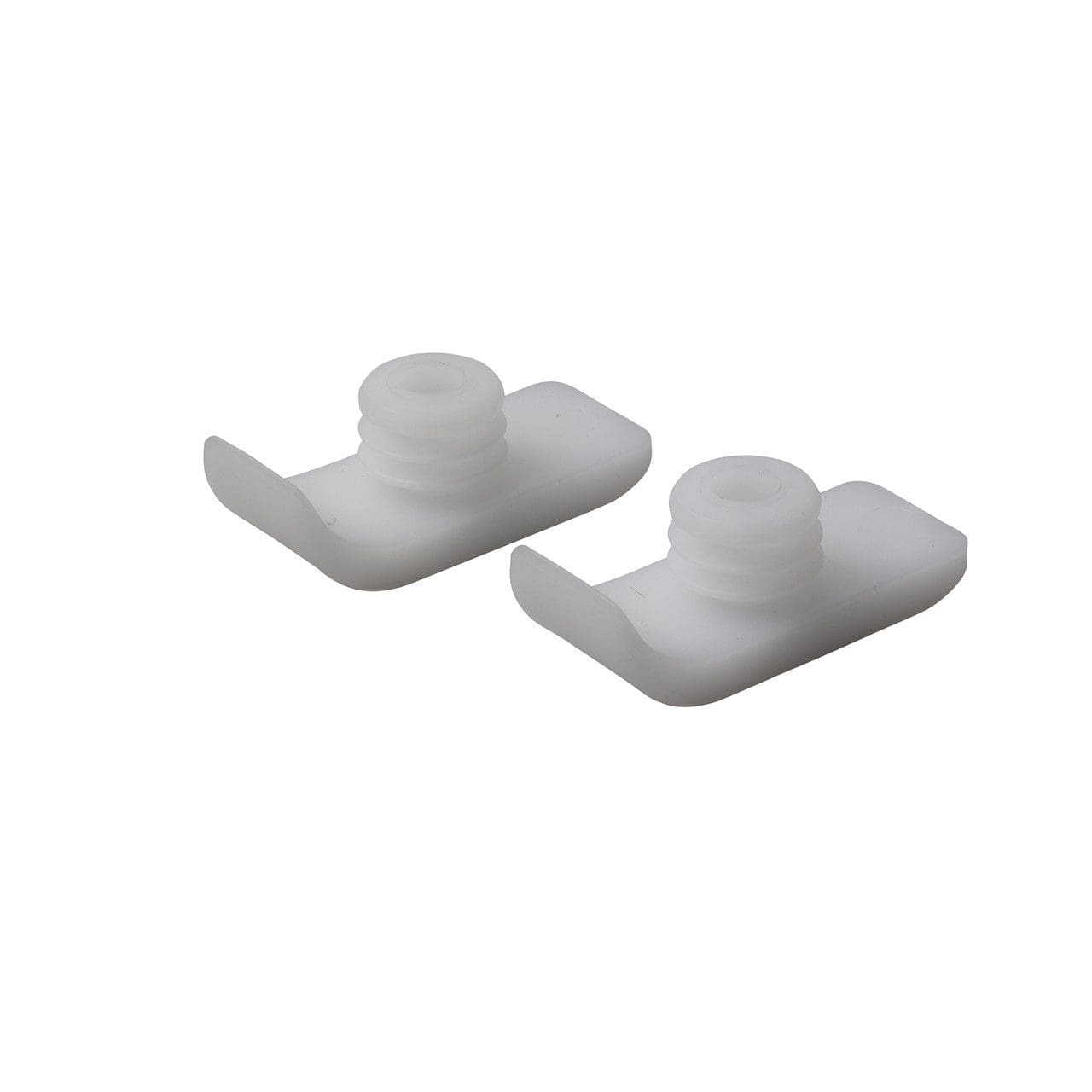 Two white, L-shaped plastic brackets with round protrusions on top, placed next to each other on a plain white background.