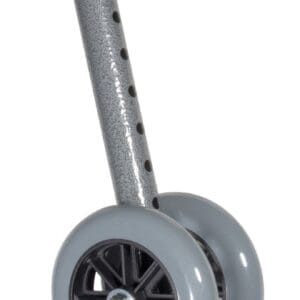 A metal pole with holes for adjustment is attached to two gray rubber wheels with black spokes, forming a compact caster assembly.