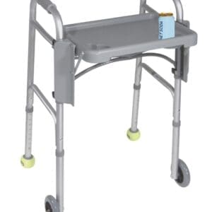 A gray folding walker with a tray and two wheels. It has adjustable legs with tennis balls on the rear legs for improved movement. A small drink is placed on the tray.