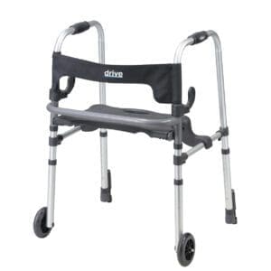 A lightweight silver walker with two wheels and adjustable legs. It has a black supporting strap labeled drive and a foldable gray seat in the middle.