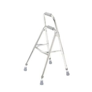 A lightweight, silver-colored folding walker with gray rubber grips and tips, designed for support and mobility assistance.