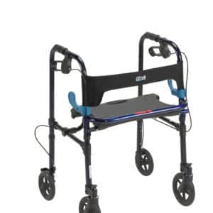 A foldable rollator walker with four wheels and a black seat. It has black handles with hand brakes and a black storage area beneath the seat. The frame is dark metallic with blue accents.