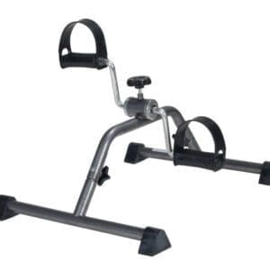 Image of a mini exercise bike pedal exerciser with a metal frame and adjustable foot straps, designed for low-impact physical therapy or fitness. It has a tension knob for resistance adjustment and is compact and portable.