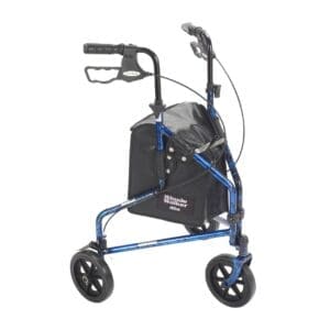 A blue three-wheeled walker with a black bag attached to the front. It has black rubber handles and large wheels designed for stability.