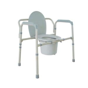 A portable commode with a sturdy metal frame, armrests, and a detachable seat cover. The design includes a white plastic bucket underneath the seat.