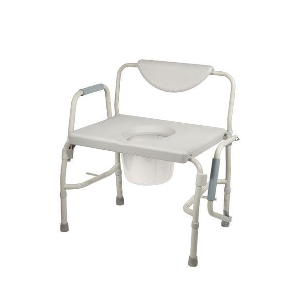 A white, sturdy portable commode chair with a backrest and armrests. It has a removable center seat and bucket for easy cleaning, supported by four adjustable legs with rubber tips for stability.