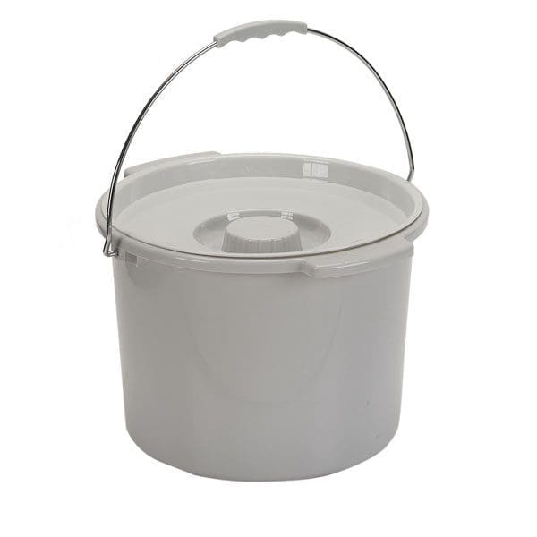 A gray plastic bucket with a metal handle and a matching lid featuring a central raised grip.