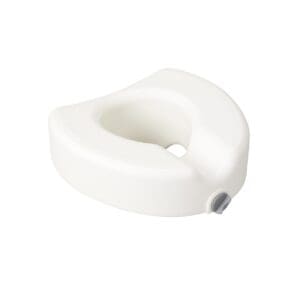 A white raised toilet seat with a grey locking mechanism on the side, designed to assist individuals who need extra height and support when sitting on or rising from a toilet.