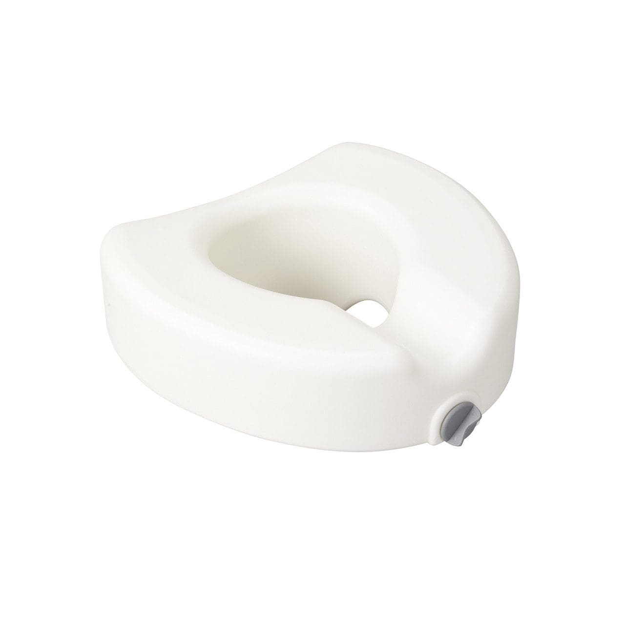 A white raised toilet seat with a grey locking mechanism on the side, designed to assist individuals who need extra height and support when sitting on or rising from a toilet.