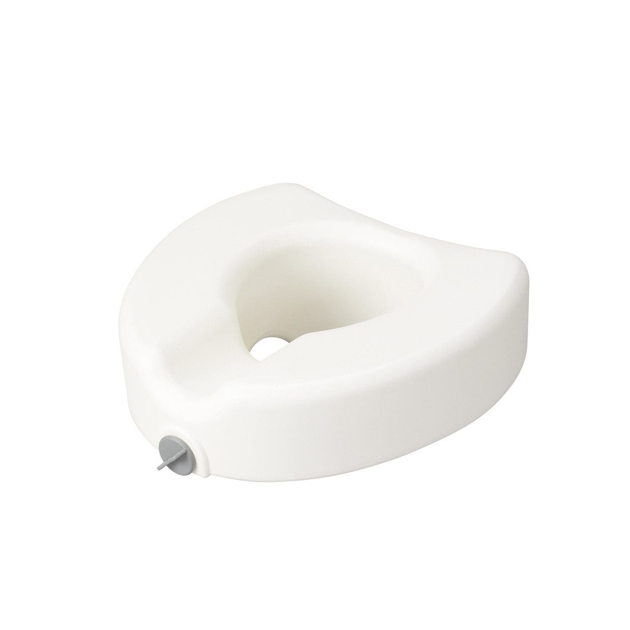 A white toilet seat riser with a small knob on the front, designed for added height and accessibility.