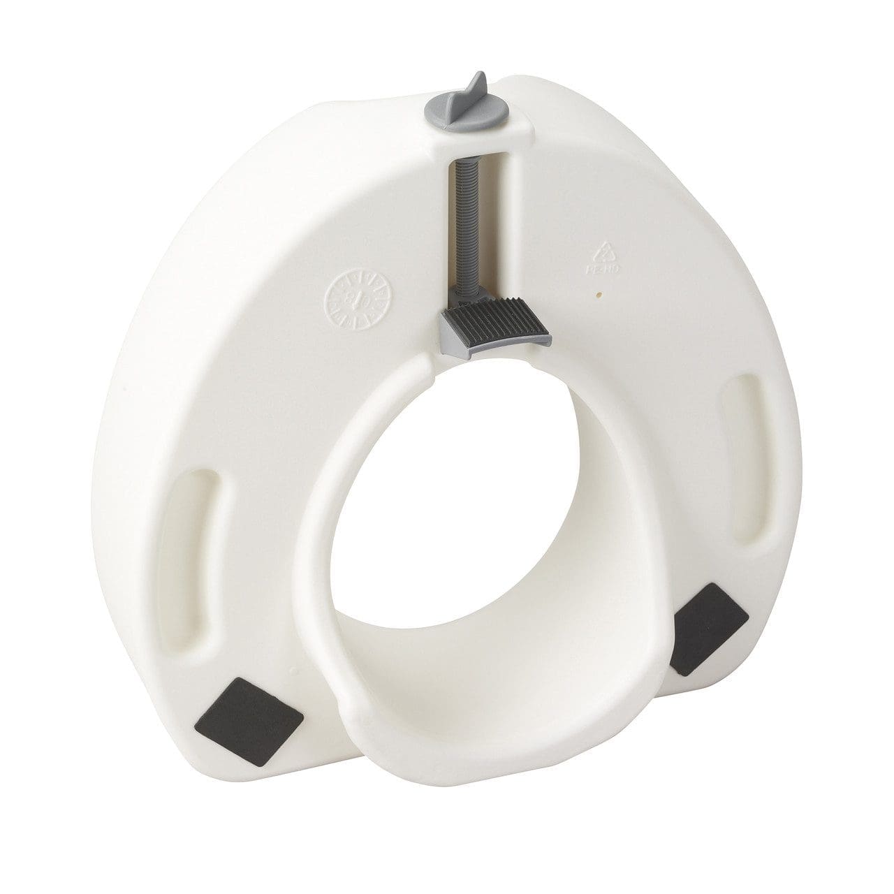A white plastic raised toilet seat with adjustable brackets and non-slip pads. It has a central opening and is designed to fit over a standard toilet bowl.