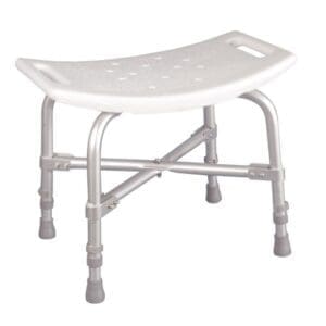 A white, contoured shower chair with a textured seat, two built-in handles, and adjustable metal legs with rubber feet for stability.