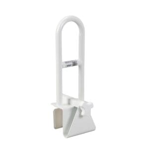A white bathtub safety rail with a U-shaped handle and a clamp mechanism for secure attachment. The handle is sturdy and designed to assist with balance and support during bathroom use.