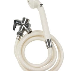 A handheld white shower head with an attached hose and a metal control valve is coiled neatly. The shower head is ergonomic with a smooth finish, and the hose appears flexible. The metal valve adds a polished touch to the design.