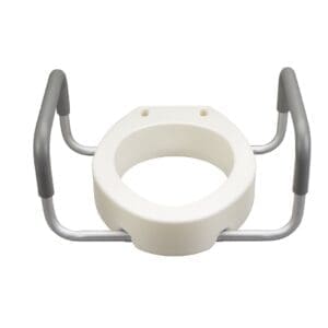 Elevated toilet seat with metal arms for support, featuring a white seat and gray handrails, designed to assist individuals with limited mobility.