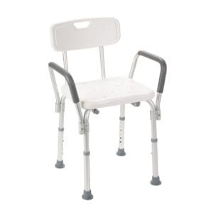 A white adjustable shower chair with sturdy aluminum legs, non-slip rubber feet, and armrests. The backrest provides additional support, and the seat has drainage holes for safety.