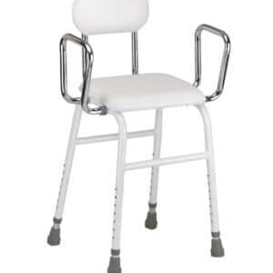 A white shower chair with a backrest and armrests on a chrome frame. The legs have rubber tips for stability.