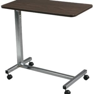 A height-adjustable overbed table with a rectangular wooden top and metallic frame on four caster wheels.