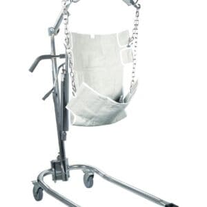 A metal patient lift with a fabric sling is shown. It has four wheels for mobility and a support arm for lifting and transferring individuals who need assistance. The design includes hooks and chains for securing the sling.