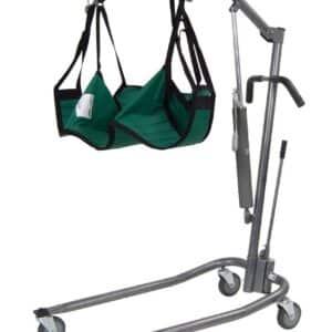 A manual patient lift with a green sling, featuring a sturdy metal frame, adjustable arm, and four wheels for mobility. This FAQ Patient Lift design aids in safely transferring individuals with limited mobility.