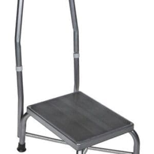A small metal step stool with a single step and a tall vertical handlebar for support. The stool has rubber-tipped legs for stability and a textured surface on the step to prevent slipping.
