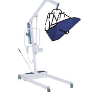 A white mobile patient lift with a blue sling, designed with a sturdy frame and four wheels for smooth mobility, includes an adjustable arm. This FAQ patient lift ensures ease of use and reliability.