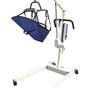 Image of a patient lift with a blue fabric sling. The lift has a sturdy metal frame, adjustable arm, and four wheels for mobility, designed to assist in transferring individuals with limited mobility.