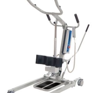 A mobile patient lift with a gray metal frame, black padding, and four caster wheels. The lift features two arm supports, a control panel, and a footplate, designed to assist in safely transferring individuals.
