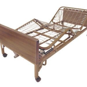 An adjustable hospital bed with a metal frame and wheels. The head and foot sections are elevated, showing the beds mechanical functions. The frame has a brown finish, and the bed is positioned on a white background.