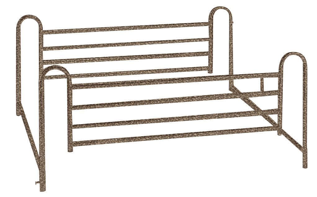 The image shows two brown metal bed rails with three horizontal bars each. The rails have rounded corners and vertical supports on each end. They are positioned at right angles to each other.