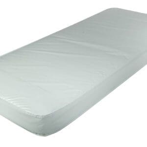 A plain, light green mattress with a smooth surface and rounded corners. It is photographed from an angle, showing its thickness and rectangular shape.