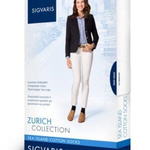 Packaging for Sigvaris Zurick Collection Sea Island Cotton Socks, featuring a woman wearing knee-high socks under pants. The package highlights features like graduated compression for improved circulation and has a light blue accent design.