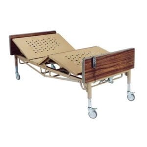 A hospital bed with adjustable sections and wheels, featuring wood-like head and footboards.