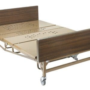 A metal and wood hospital bed frame with wheels, featuring a brown wooden headboard and footboard. The bed base has multiple perforations and is in a flat position.