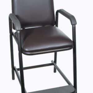 A dark brown leather high chair with metal arms and legs, featuring a footrest at the bottom. The chair has a minimalist and modern design.