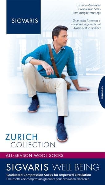 A man sits on stairs wearing a blue sweater over a light shirt, beige pants, and blue shoes. Hes holding a satchel. The image promotes Sigvaris Zurich Collection all-season wool socks for improved circulation, with text in English and French.