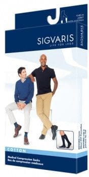 Packaging for Sigvaris medical compression socks. It features two men, one seated and one standing, both wearing the socks. The box highlights cotton material and includes product branding and information.