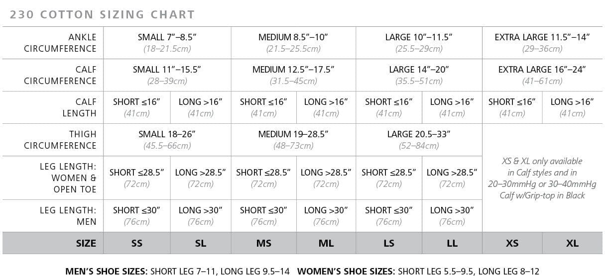 Sizing chart for 230 Cotton, detailing ankle and calf circumference, calf length, thigh circumference, and leg length for various sizes (SS-XL). Includes men’s and women’s shoe size recommendations and color availability notes.