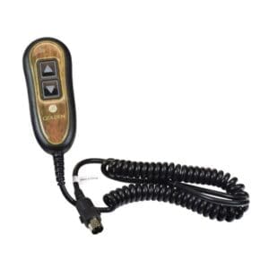 A handheld control device with a wood-like finish, featuring two black triangular buttons, a round button below them, the brand name Golden, and a spiral cord with a connector at the end.