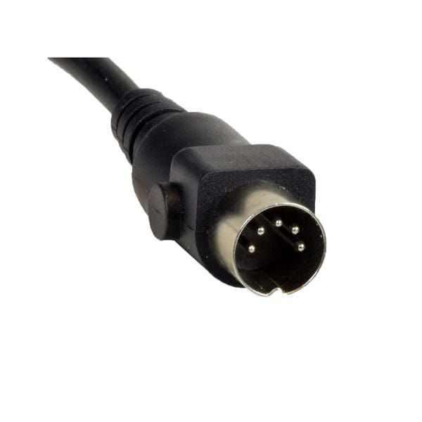 Close-up of a black audio cable with a male 5-pin DIN connector; the metal connector has five round pins arranged in a semicircular pattern.