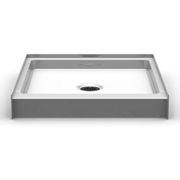 A square stainless steel shower tray with a slightly elevated edge around its perimeter and a central drain. The trays modern design features clean lines, perfect for a minimalist bathroom.