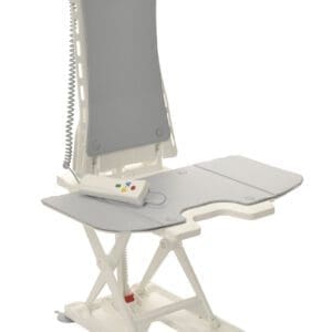 A white and gray bath lift chair with a remote control attached. The chair has an adjustable backrest and a scissor lift mechanism for lowering and raising.