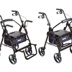 Two black mobility rollators with four wheels each, featuring handlebars with brakes, cushioned seats, and storage pouches beneath. The rollators are positioned side by side against a plain white background.