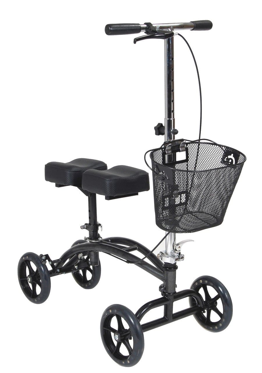 A black knee scooter with four wheels, handlebars, a padded knee rest, and a wire mesh basket attached to the front. The scooter is designed for mobility support and resting an injured leg.