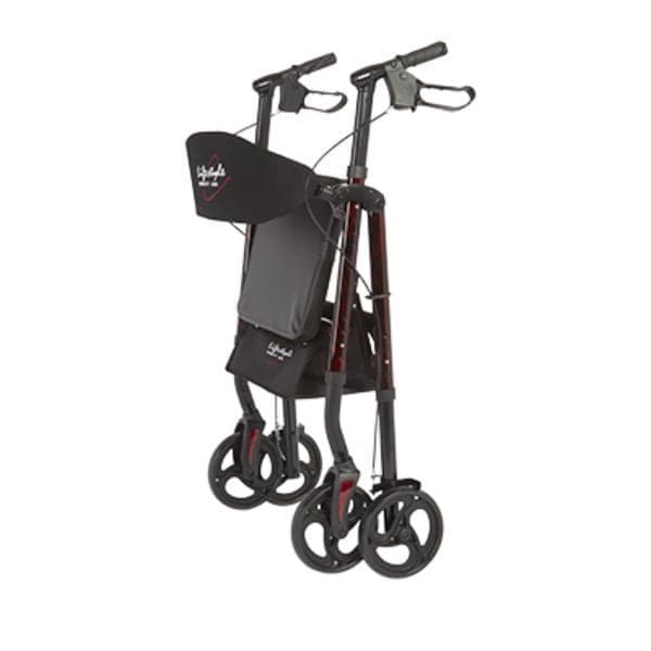 A black and grey walker with four wheels and hand brakes. It features a storage pouch on the front and a foldable frame for portability.