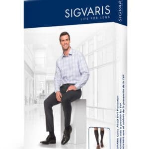 Packaging for Sigvaris Midtown Microfiber medical compression socks. Features a man in dress attire sitting on a white box, with a small inset of the socks. The text is in English, Spanish, and French.