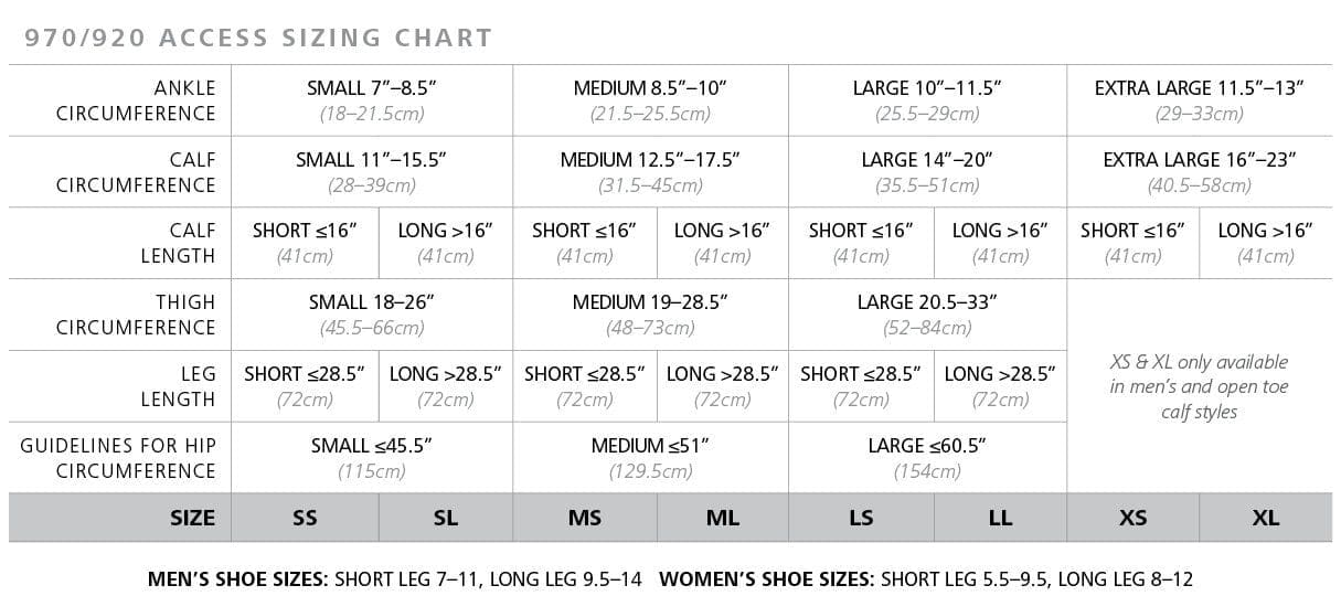 Sizing chart for 970/920 access, detailing measurements for ankle and calf circumference, calf length, leg circumference, leg length, and guidelines for hip circumference. Includes sizes from SX to XL for mens and womens shoe sizes.