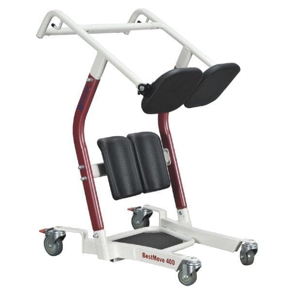 A mobility aid device with a sturdy metal frame, cushioned knee pads, and swivel casters. It is labeled BestMove 400 and designed to assist with patient transfers, featuring a platform and handles for support.