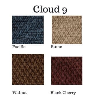 Image showing four carpet swatches under the title Cloud 9: Pacific (dark blue), Stone (beige), Walnut (brown), and Black Cherry (deep red).
